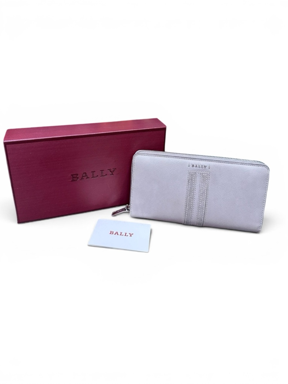Bally Zip Around Wallet Leather Gray Stripe Continental Full Set Box